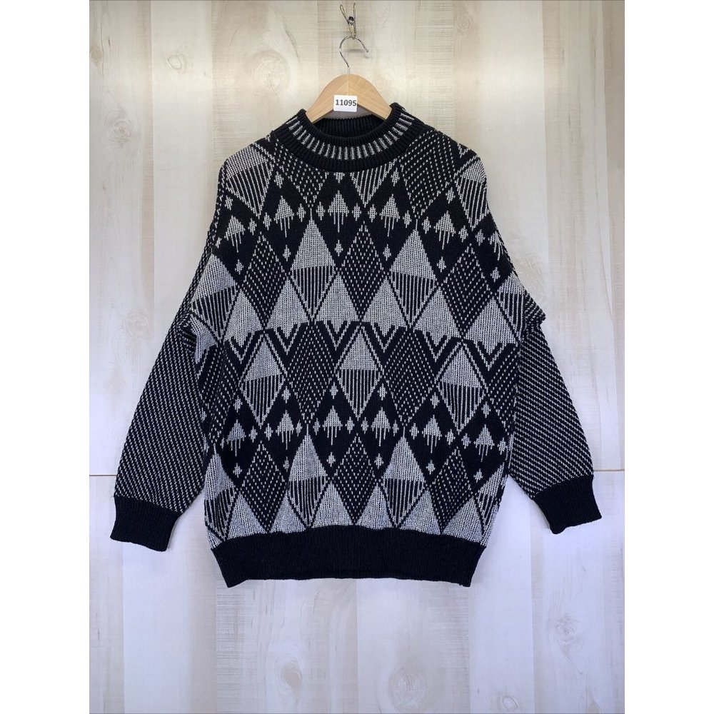Vintage 90s Fortune Knits USA Black Silver Geometric Long Sleeve Womens Sweater